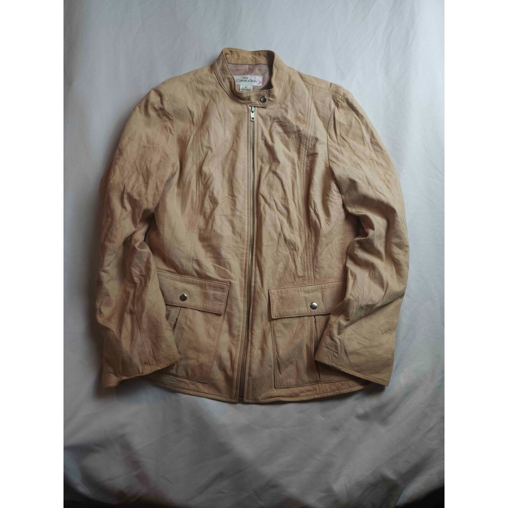 Calvin Klein Moto Jacket Womens Size 6 Beige Leather Full Zip Streetwear Coat